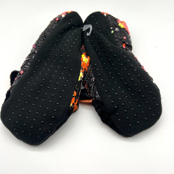 HYDE and EEK BOUTIQUE Cute Sequin Cat Slippers Sz M/L 8-10 Black Orange Grippers - Picture 3 of 5